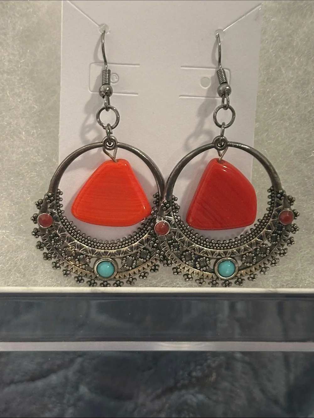 Handmade Earrings! Red Boho Hoop Drop Earrings with Turquoise Accents